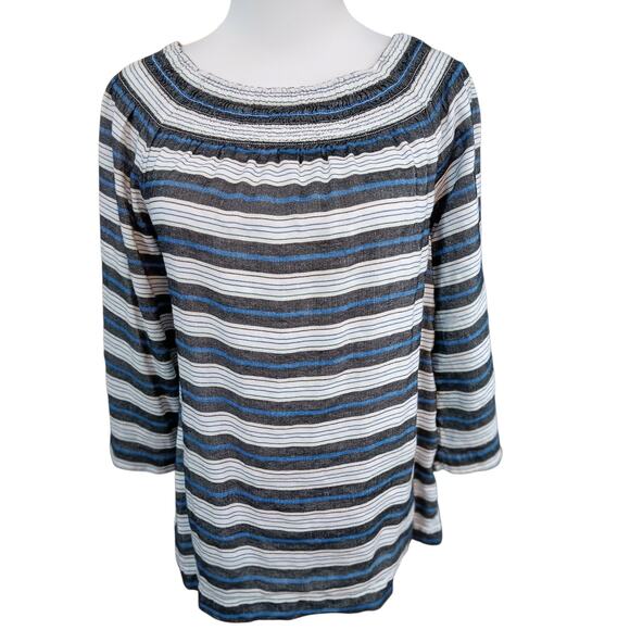 J. JILL Linen Blend Smocked Blouse Shirt Top Small Peasant Stripes Casual Travel - Picture 1 of 8